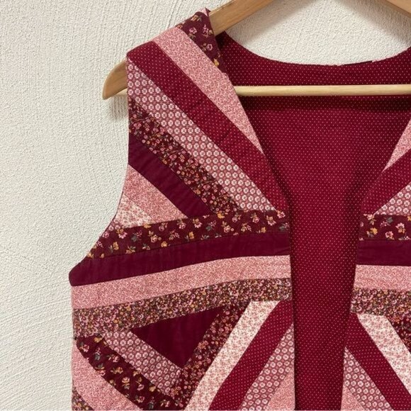 Quilted Red Maroon Pink Floral Prints Open Vest Handmade Sz S/M - Picture 3 of 5